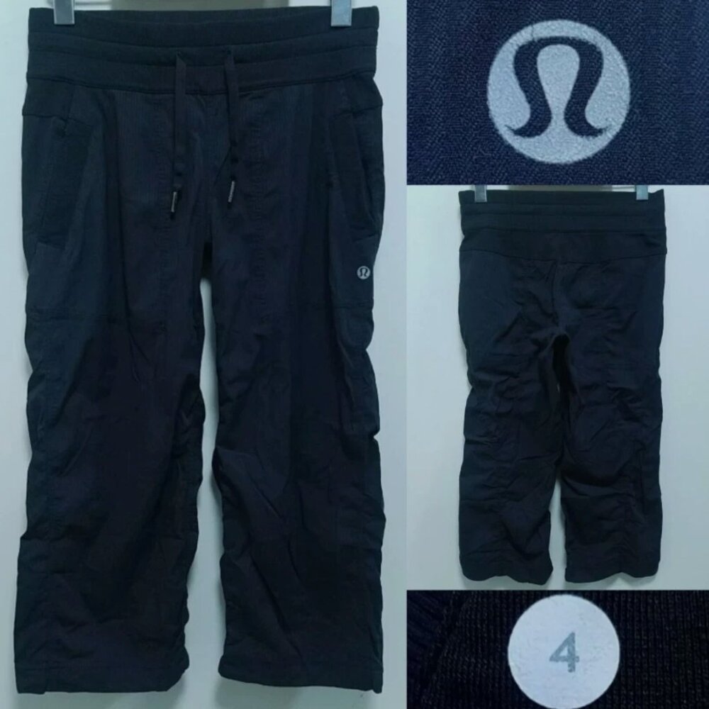 Lululemon Dance Studio Women's 4 XS Crop Black Capri Short Striped Ruched Pants